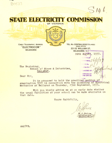 Correspondence, State Electricity Commission of Victoria to Ballarat School of Mines, 1937