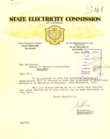 Correspondence, State Electricity Commission of Victoria to Ballarat School of Mines, 1937, 1937