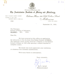 Letter - Correspondence, Miss B.E. Jacka, Secretary of the Australasian Institute of Mining and Metallurgy et al, Correspondence on Letterhead from the Australasian Institute of Mining and Metallurgy, 1968