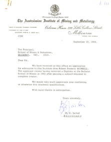 Letter - Correspondence, Miss B.E. Jacka, Secretary of the Australasian Institute of Mining and Metallurgy et al, Correspondence on Letterhead from the Australasian Institute of Mining and Metallurgy, 1968, 1968