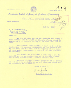 Letter - Correspondence, Miss B.E. Jacka, Secretary of the Australasian Institute of Mining and Metallurgy, Correspondence on Australian Institute of Mining and Metallurgy (Incorporated) Letterhead, 1949, 03/05/1949
