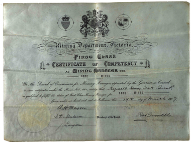 Certificate, Mining Department of Victoria First Class Certificate of Competency as Mining Manager for Lode Mines, 1907, 19/03/1907