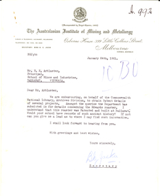 Letter - Correspondence, Miss B.E. Jacka, Secretary of the Australasian Institute of Mining and Metallurgy, Correspondence on The Australasian Institute of Mining and Metallurgy Letterhead, 1961, 24/01/1961