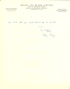 Letter - Correspondence, Geoffrey Blainey et al, Correspondence on Mount Isa Mines Limited Letterhead, 1957, 11/1957
