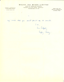 Letter - Correspondence, Geoffrey Blainey et al, Correspondence on Mount Isa Mines Limited Letterhead, 1957, 11/1957