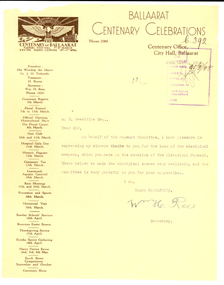 Letter - Correspondence, William H. Rees, Correspondence on Ballarat Centenary Celebrations Letterhead, 1938, 30/03/1938