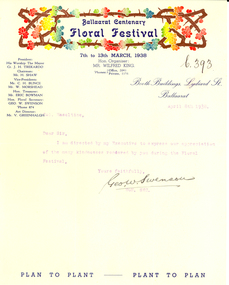 Correspondence, George W. Swenson, Letter on Ballarat Centenary Floral Festival Letterhead, 1938, 08/04/1938