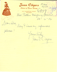 Correspondence, Jean E. Odgers, Letter on Jean Odgers School of Dress Design Letterhead, 1954