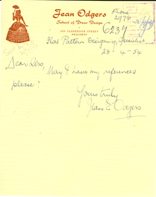 Correspondence, Jean E. Odgers, Letter on Jean Odgers School of Dress Design Letterhead, 1954, 1954