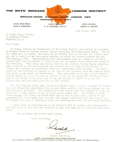 Correspondence, Gerald Walker, The Boys Brigade London District to Frank Wright, 1969, March 1969