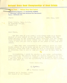 Correspondence, E. Vaughan Morris, National Brass Band Championships of Great Britain to Frank Wright, 1967, mid 1967
