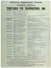 poster, J. Kemp, Education Department Victoria Technical School Timetable for Examinations, 1910