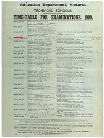 poster, J. Kemp, Education Department Victoria Technical School Timetable for Examinations, 1910, 1910