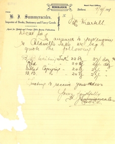 Correspondence, H.J. Summerscales, Summescales to Ballarat School of Mines, 1911, 04/04/1911