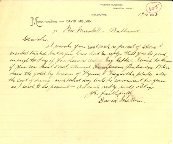Correspondence, David Melvin, David Melvin to Frederick Martell of the Ballarat School of Mines, 1898, 19/10/1898