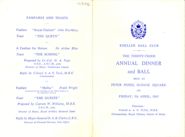 Document - Menu, Kneller Hall Club Annual Dinner, 1965, 1963