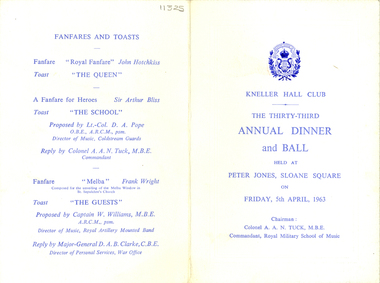 Document - Menu, Kneller Hall Club Annual Dinner, 1965, 1963