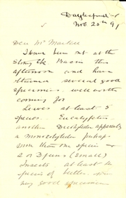 Correspondence, Thomas Stephen Hart, Thomas Hart writes to Frederick Martell of the Ballarat School of Mines, 1891, 25/11/2015