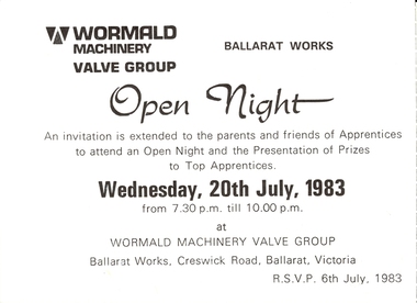 Document - Ticket, Wormald Machinery Valve Group Ballarat Works Open Night, 1983