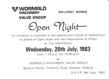 Document - Ticket, Wormald Machinery Valve Group Ballarat Works Open Night, 1983, 1983