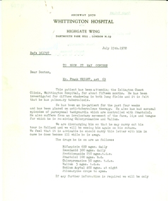 Document, Whittington Hospital, Medical Report Relating to Frank Wright, 1970, 15/7/1970