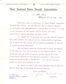 Document, John G Osborne, Secretary of New Zealand Brass Bands' Association, Frank Wright Reference from John G. Osborne of the New Zealand Brass Bands' Association, 1933, 31/7/1933