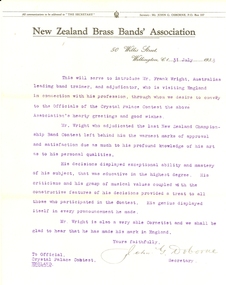 Document, John G Osborne, Secretary of New Zealand Brass Bands' Association, Frank Wright Reference from John G. Osborne of the New Zealand Brass Bands' Association, 1933, 31/7/1933