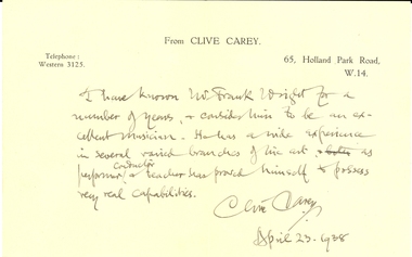 Document, Clive Carey, Reference for Frank Wright from Clive Carey, 1938, 23/4/1938