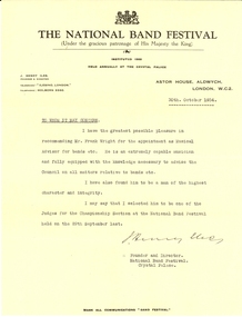 Document, J Henry Iles, Reference for Frank Wright from J. Henry Iles of the National Band Festival, 1934, 30/10/1934