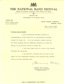 Document, J Henry Iles, Reference for Frank Wright from J. Henry Iles of the National Band Festival, 1934, 30/10/1934