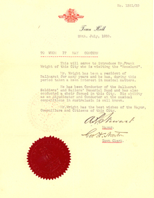 Document, F R Stewart, Mayor of City of Ballaarat, Reference for Frank Wright from the City of Ballarat, 1933, 28/7/1933