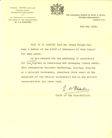 Letter - Document, Mr L A Fletcher, Guildhall School of Music and Drama Reference for Frank Wright, 1938, 6/5/1938