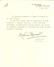 Document, Aylmer Buesst, Reference for Frank Wright by Aylmer Buesst, 1938, 4/5/1938