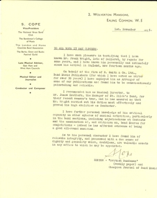 Documents - Reports, S. Cope, Frank Wright Reference by S. Hope, 1934, 1/11/1934