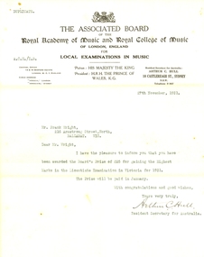 Document, Royal Academy of Music and Royal College of Music of London Notification of the Board's Prize to Frank Wright, 1931, 27/11/1931