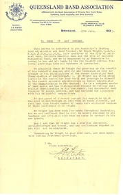 Document, J R Foster, Queensland Band Association Reference for Frank Wright, 1933, 17/7/1933