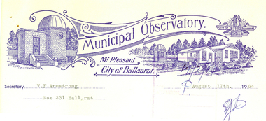 Ballarat Observatory Letter to the Ballarat School of Mines, 1964
