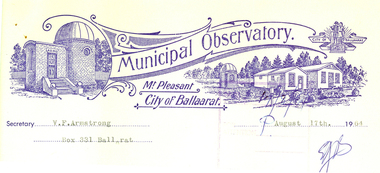 Ballarat Observatory Letter to the Ballarat School of Mines, 1964