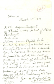 Correspondence, N.E. Russell, Letter from N.E. Russell of Elaine to the Ballarat School of Mines, 1898, 21/03/1898