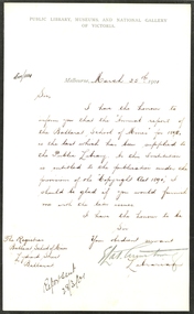 Correspondence, Letter on Letterhead from Public Library, Museums, and National Gallery of Victoria, 1901, 25/03/1901