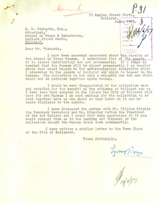Correspondence, Dr Sydney Pern et al, Dr Sydney Pern to the Ballarat School of Mines, 1957