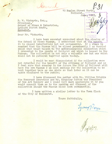 Letter - Correspondence, Dr Sydney Pern et al, Dr Sydney Pern to the Ballarat School of Mines, 1957, 1957