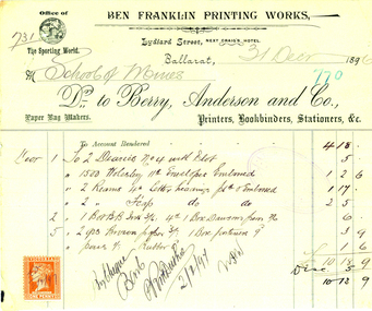 Document, Invoice from Benjamin Franklin Printing Works, 1896, 31/012/1896