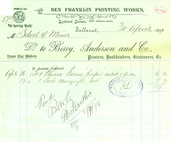 Document, Invoices to the Ballarat School of Mines, 1898