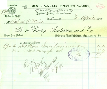 Document, Invoices to the Ballarat School of Mines, 1898, 1898