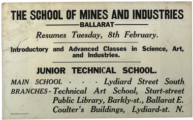 Poster - Posters, Resumption of Classes Ballarat School of Mines 1912, 1912