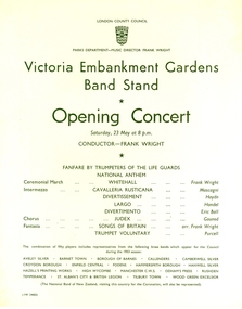 Programme, Greater London Council Parks Department, Victoria Embankment Gardens Band Stand Opening Concert, 23 May 1953