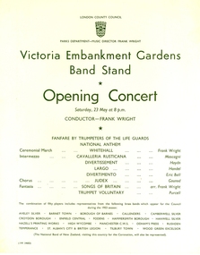 Programme, Greater London Council Parks Department, Victoria Embankment Gardens Band Stand Opening Concert, 23 May 1953