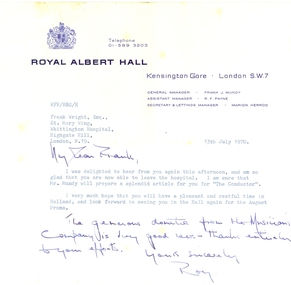 Letter, Roy Payne, Letter from Roy Payne of Royal Albert Hall to Frank Wright, 13 July 1970