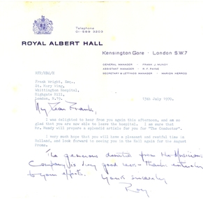 Letter, Roy Payne, Letter from Roy Payne of Royal Albert Hall to Frank Wright, 13 July 1970, 13 July 1970